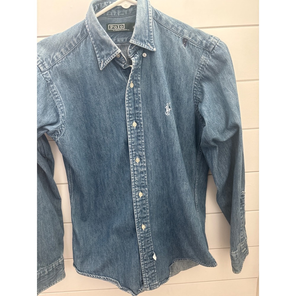 Vintage 80's Polo Ralph Lauren Boys Denim Button Down Shirt Medium Wash Blue Sz